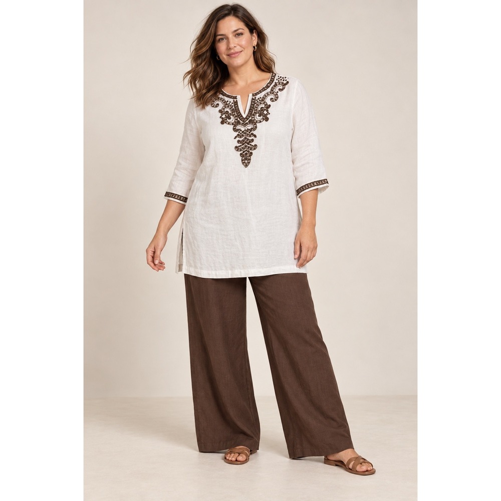 Chico's White 100% Linen Beaded Tunic Top Size 2 Boho Coastal Minimalist L/XL